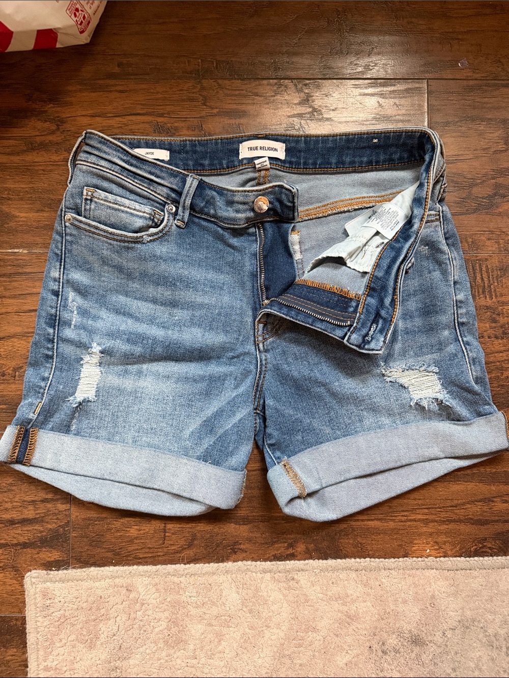 True Religion Women's Medium Blue Rolled Cuff Distressed Denim Shorts
